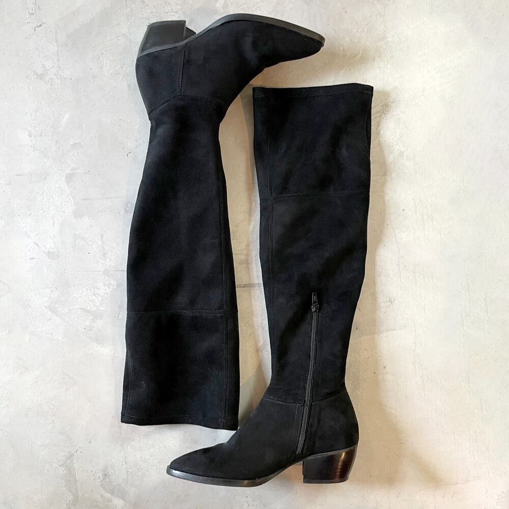 Anthropologie Black Over The Knee Boots‎ 37 Quiet Luxury Fitted Stretch Parisian